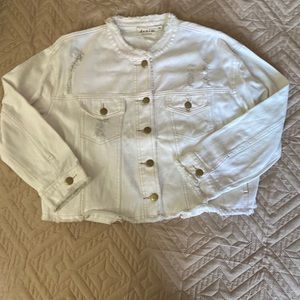 Never worn without tags! Mid length white womens denim jacket!